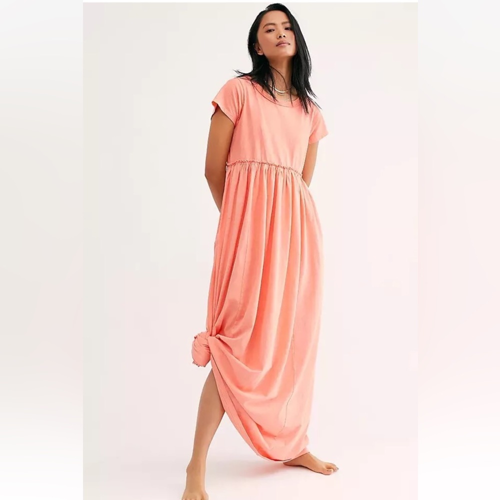 NWT FREE PEOPLE Sz S CARISSA TEE DRESS MAXI TEE SHIRT DRESS IN 🍑 PEACH - Picture 11 of 11